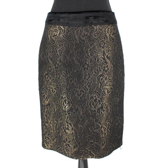 Milly Black Gold Metallic Floral Print Velvet Trim Pencil Mini Skirt 4 Small - Picture 1 of 8